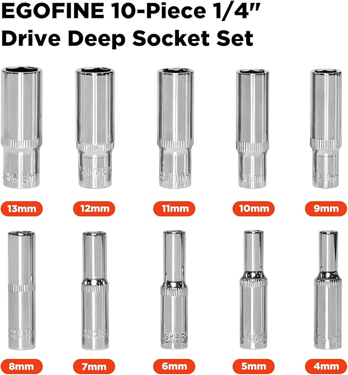 Egofine 10PCS 1/4” Drive Deep Socket Set,Metric Socket Set（4-13mm,6 Point Socket Set With Hanging Bracket,Cr-V Steel
