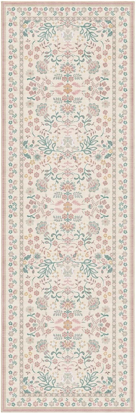 3x8 Runner Rug for Hallways Kitchen: 3x8 Washable Area Rug Boho Floral Soft Long Rug - Non-Slip Low Pile Throw Indoor Carpet for Entryway Kitchen Bedroom Laundry Bathroom- Pink