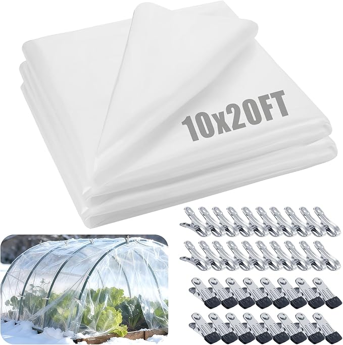 Alphatool 10 x 20ft Plant Covers Freeze Protection with 36 Clips - Greenhouse Plastic Sheeting, Frost Cloth Row Cover for Outdoor Garden Plants Winter Vegetables Crops