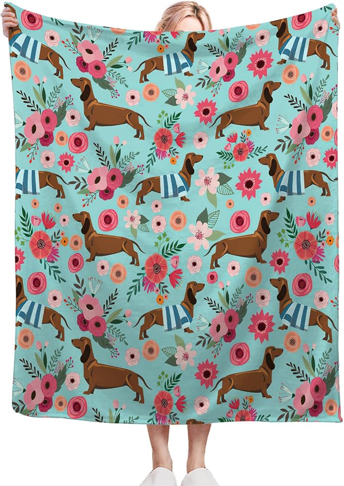 Dachshund Blanket Decor Gifts for Dachshund Lover Flannel Fleece Fuzzy Throw Blanket Soft Warm Cozy Plush Floral Blanket for Bed Couch Living Room Stuffed Decoration for Women Kids Adult 80"x60"