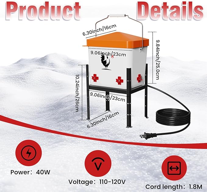 Heated Chicken Waterer, 1.8 Gallons Chickens Poultry Waterer with Nipples, Height Adjustable & Detachable Stand, All-Season Chicken Coop Waterers, Chicken Water Heater (7L, Orange Cover)
