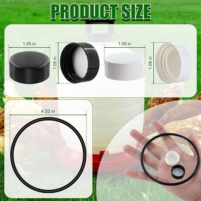 Plastic Poultry Waterer Replacement Parts Kit - 10 Caps & 4 O-Rings, Compatible with Miller, Little Giant PPF & Farm-Tuff 3/5/7 Gallon Poultry Founts (Black & White)
