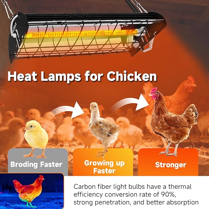Chicken Coop Heater Lamp, Carbon Fiber Heat Lamp with 175W and 250W Bulbs, Brooder Heater with Guard, Ideal for Poultry, Livestock & Small Pets (1 pc Black Plus35CM(1 Light Frame + 2 Lamp Tubes))