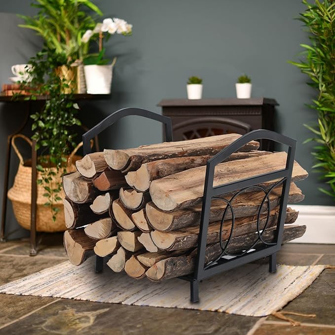 GREEN PARTY 17 Inch Small Firewood Rack Indoor/Outdoor Metal Firewood Holder, Decorative Fire Log Holder for Fireplace,Fire Pit,Heavy Duty Wood Rack,Wood Stove Accessories, 17" L X 13" W X 16" H