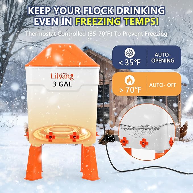 Lilyang Heated Chicken Waterer 3 Gallon, 250W Chicken Water Heater with Thermostat Control, Freeze-Proof Poultry Drinker for Winter, Hanging/Standing Use