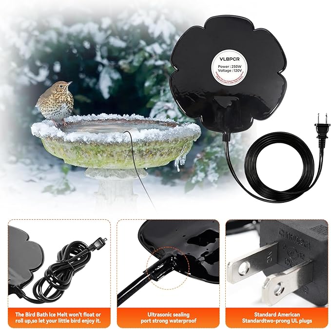 2Pcs 250W Heated Bird Bath for Outdoors Winter, 8.7-inch Submersible Bird Bath Heater with Thermostat, Heating Plate & 6.6ft Cord for Garden Yard Patio