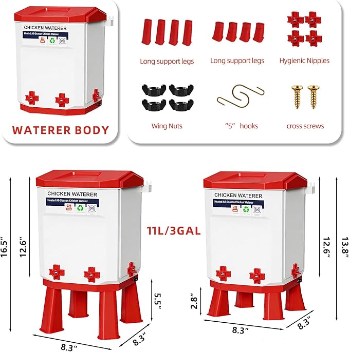 3-Gallon Heated Chicken Waterer Freeze-Proof Poultry Waterer with Heater and 4 Nipples, Easy-Fill Design, Low Maintenance for Winter, Ideal for Chickens, Ducks & Quail (Red, 12L)