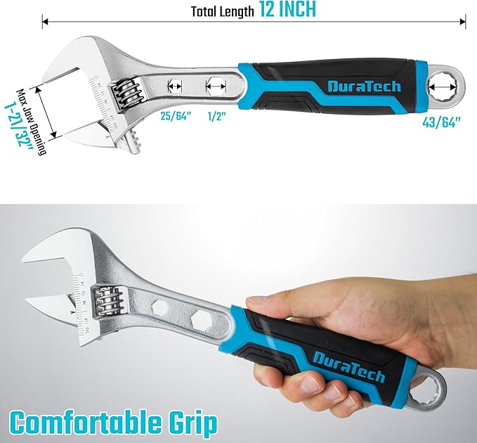 DURATECH 12 Inch Adjustable Wrench, 3-in-1 Spanner with Box End/Hex Function, CR-V Steel, Metric & SAE Scales, Chrome-plated, Bi-material soft Grip