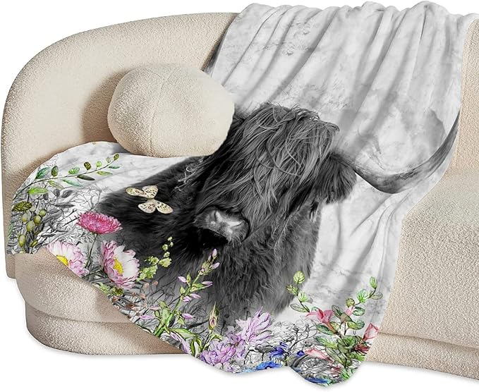 Cow Blanket for Girls Women Gifts for Cows Lovers Highland Cow and Floral Throw Blanket for Kids Adults Ultra Soft Cozy Fleece Blanket for Couch Sofa Bed 60"x80"
