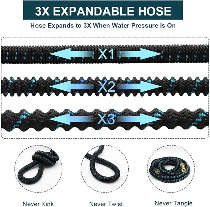2025 Upgrade 50FT Expandable Garden Hose Water Hose with 10-Function High-Pressure Spray Nozzle, Heavy Duty Flexible Hose, 3/4" Solid Brass Fittings Leakproof Design