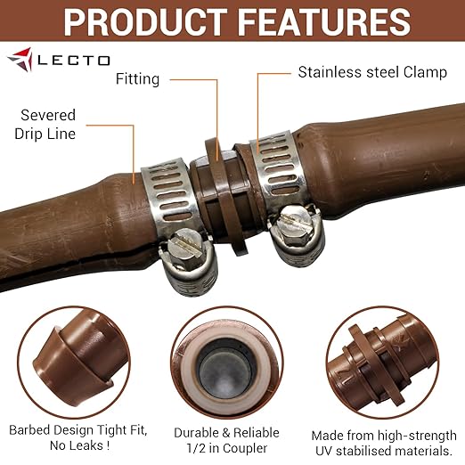 LECTO Universal 5/8", 1/2", .700" Drip Line Repair & Extension Kit – 3 Pack Plastic Couplers with 6 Stainless Steel Hose Clamps