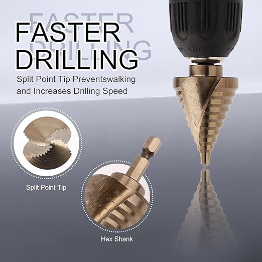 COMOWARE 5PCS M35 Cobalt Step Drill Bit Set with 1/4" Hex Shank, Automatic Center Punch, Two Spiral Flute Impact Design, Ideal for Metal, Stainless Steel, Wood, Plastic