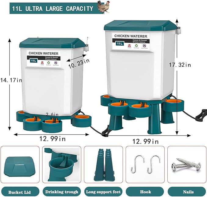 Poultry Watering Equipment, Heated Chicken Waterer, 11L Blue, 11 liters, Chicken