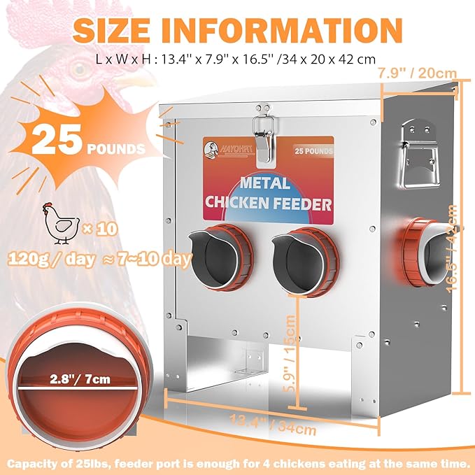 Automatic Chicken Feeder No Waste 25 Pounds 4 Ports Metal Poultry Feeder with Latch & Handle for Chickens Bantams Pheasants Poultry Coop Weatherproof