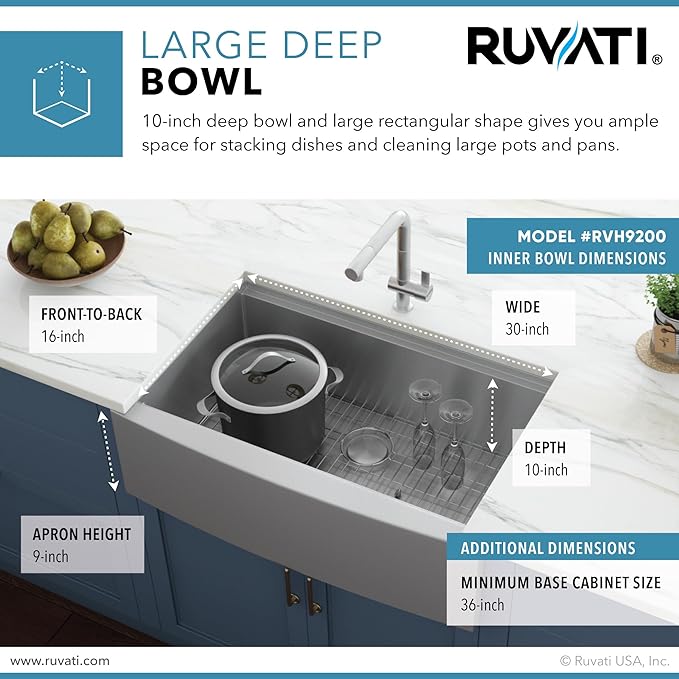 Ruvati 33-inch Apron-front Workstation Farmhouse Kitchen Sink - 16 Gauge Stainless Steel Kitchen Sink Single Bowl with Brushed Finish hides scratches - Farmhouse Workstation Sinks - RVH9200