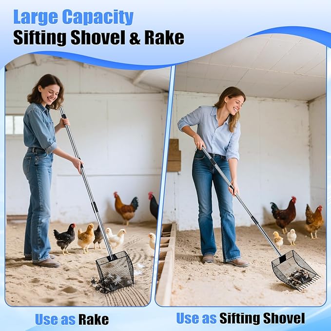 CAROD Chicken Poop Scooper & Rake 2-in-1, Metal Chicken Scoop with 24 to 68" Adjustable Stainless Steel Handle, Litter Scooper Sand Sifting Shovel Chicken Coops/Animals House