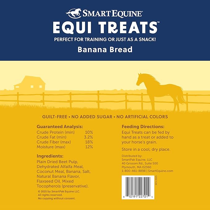SmartEquine Equi Treats | Made with Beet Pulp & Alfalfa | High-Fiber Horse Treats | Low ESC & Starch | Bite-Sized | No Added Sugar | Banana Bread Flavor Cookies for Horses, 4 lb Bag