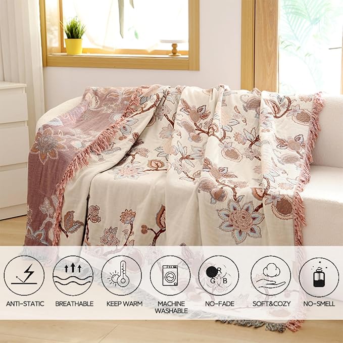 Boho Throw Blanket, 100% Cotton Ultra Soft Luxury Throw Rustic Quilt, Muslin Breathable Soft Bed Throw ，All Throw for Sofa Couch Chair 80×90 Inch