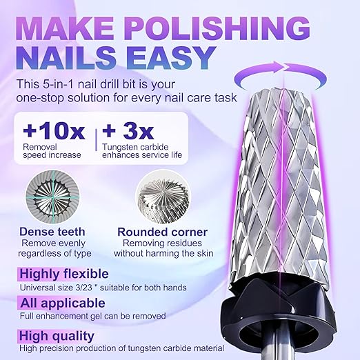 Fantexy 3/32" Carbide Nail Drill Bit - Remove Acrylic Hard Gels Quickly and Safely, 5-in-1 Tungsten Carbide Nail Drill Bit for Nail Art,Manicure,Pedicure,Gel,Cuticle Clean (Extra Coarse - XC)