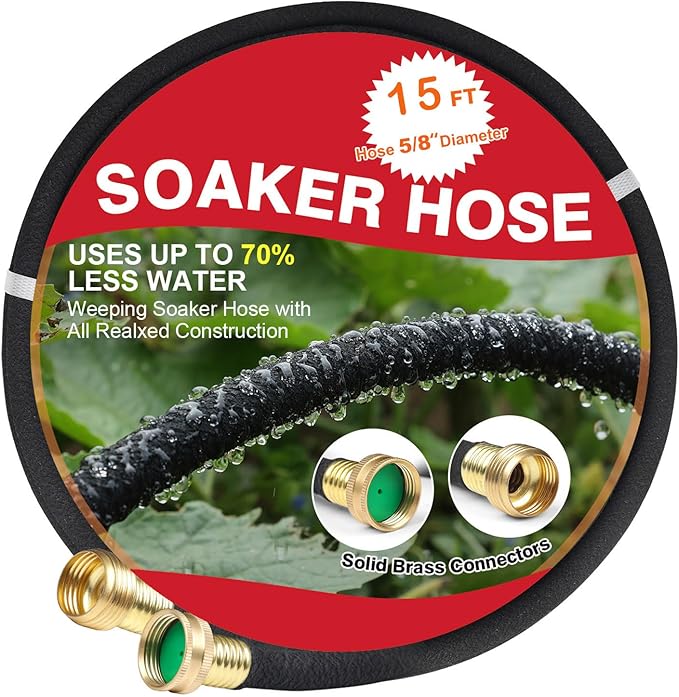 Soaker Hose 15 FT for Garden with 5/8" Diameter Irrigation Hose Save 70% of Water Solid Brass Interface Eminently Suitable for Lawn and Garden Bed Cover