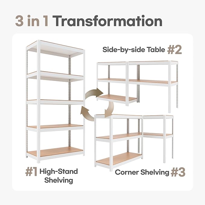 HOMEDANT House 5 Tier Laminated Metal Shelving Unit Adjustable Storage Utility Rack Heavy Duty Shelves Organization Multipurpose Shelf Kitchen Garage Pantry Closet (2, (M) 36.2" W, White)