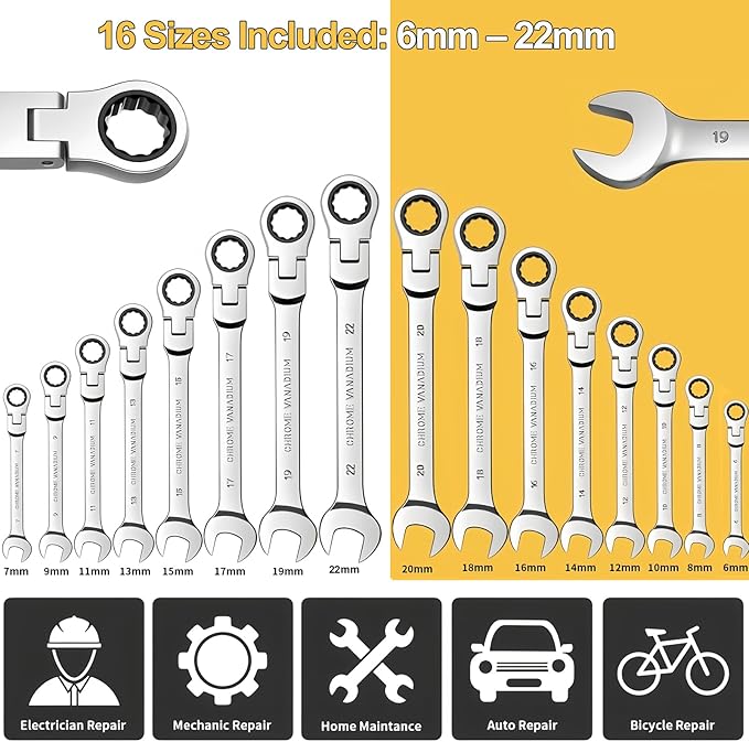 Ratcheting Wrench Set 16 Pcs, Multifuctional Combination Ended Spanner Kit Metric 6-22MM Chrome Vanadium Steel Flex-Head Ratchet Wrenches with Carrying Bag