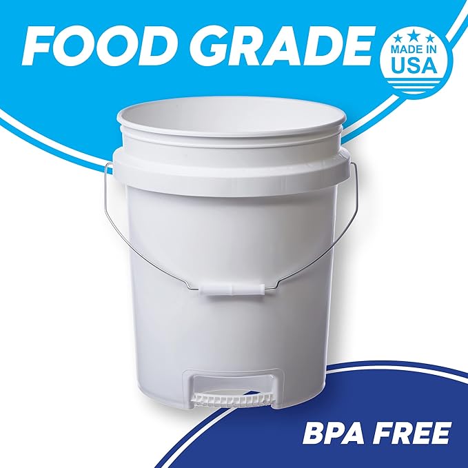Consolidated Plastics 5 Gallon White Food Grade Buckets with Bottom Grip Handle & Gamma Seal Lids, BPA Free Container Storage, Durable HDPE Pails, Made in USA (6 Pack, Yellow Lids)