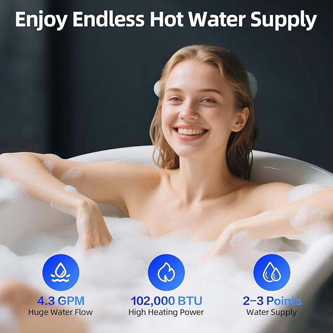 Propane Gas Tankless Water Heater, Indoor Max 4.2 GPM, 102,000 BTU On Demand Instant Hot Water Heater Propane Gas with LED Temperature Control Panel, 1/2" NPT Connector Size, CSA Certified, Gray
