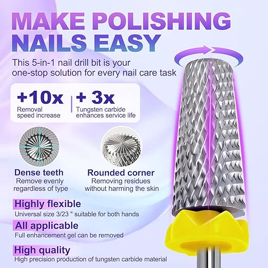 Fantexy 3/32" Carbide Nail Drill Bit - Remove Acrylic Hard Gels Quickly and Safely, 5-in-1 Tungsten Carbide Nail Drill Bit for Nail Art,Manicure,Pedicure,Gel,Cuticle Clean(3 Extra Fine - 3XF)