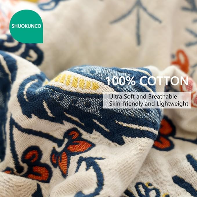 Boho Throw Blanket for Bed 100% Cotton Ultra Soft Rustic Quilt Fall Blanket Bird Floral Printed Farmhouse Decor Bed Blankets,60"×80" All Season Rustic Throw for Sofa Couch Chair