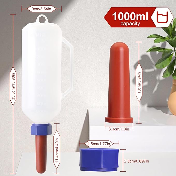 1 Quart Calf Milk Feeder Bottle Screw-On Calf Nursing Set of Bottle with Nipple & Cap，Calf Bottle Milking Feeding Livestock Tools with Replacement Nipple (1000ml Bottle with Handle)