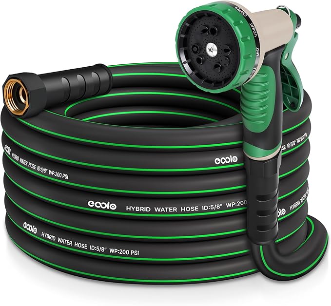 Garden Hose 25 ft with 10 Function Nozzle Sprayer, Heavy Duty Flexible Water Hose, No-Kink Lightweight Hybrid Hose, Leakproof Hose Male to Female Fittings