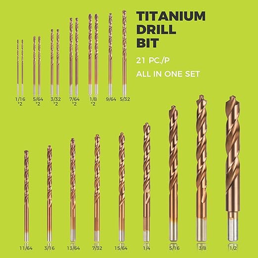 21-Piece Cobalt Drill Bit Set, M35 HSS Titanium Coated Twist Drill Bits with Dash Point and 135 Degree Points, 3 Flat Shanks, for Hard Metal, Stainless Steel, Cast Iron, Plastic