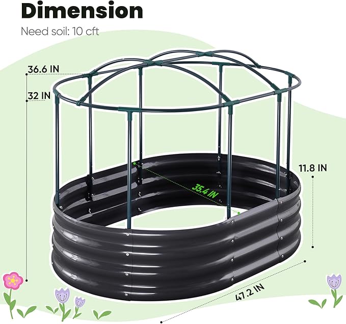 KING BIRD Raised Garden Bed with Cover Galvanized Oval Planter Garden Box Outdoor for Gardening, Vegetables, Flowers 47.2x35.4x11.8 in, Clear