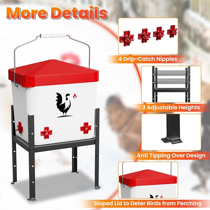 Heated Chicken Waterer for Winter, 1.9 Gallon Poultry Water Heater with 4 Horizontal Nipples, Thermostatically Controlled, 3 Adjustable Heights, Anti-Freezing Watering System for Coop