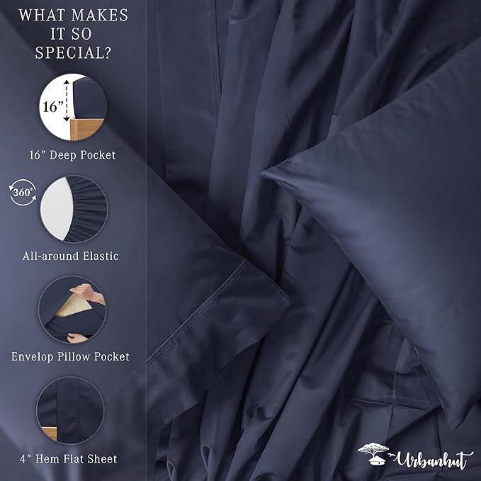 URBANHUT 1000 Thread Count 100% Solid Cotton Twin Sheet Set, Luxury Bedding Set for Twin Size Bed, All Season Sateen Weave Hotel Bedsheets, 16" Elasticized Deep Pocket, Comfy - Navy Blue (3 Pc)