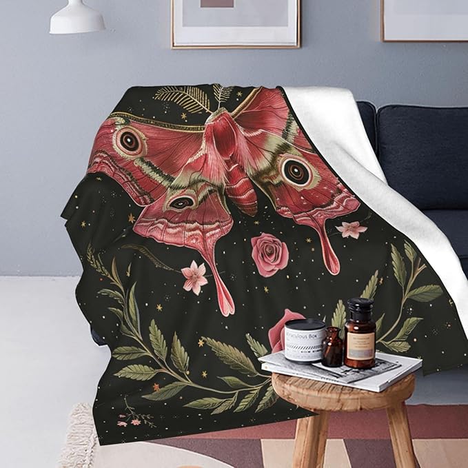 Moth Moon Rose Blanket Witchy Vintage Butterfly Decor Throw Blanket Comfy Plush Flannel Fleece Warm Soft Fluffy Fuzzy Blanket Gothic Gifts for Girls Boys Women Teens for Room Bed Sofa Couch 60"X80"