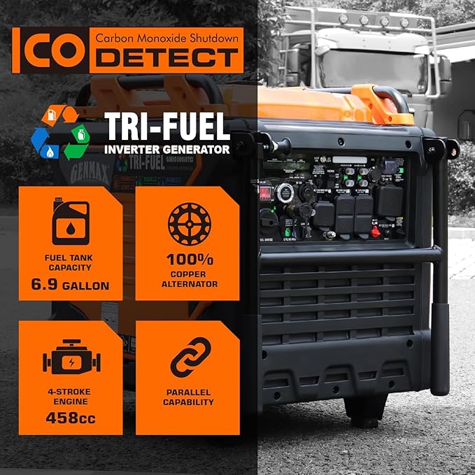 GENMAX Tri Fuel Generator,10500-Watt 458cc Tri Fuel Gasoline Propane Natural Gas Portable 50A Generator with Remote Start,Ideal for Home backup power.