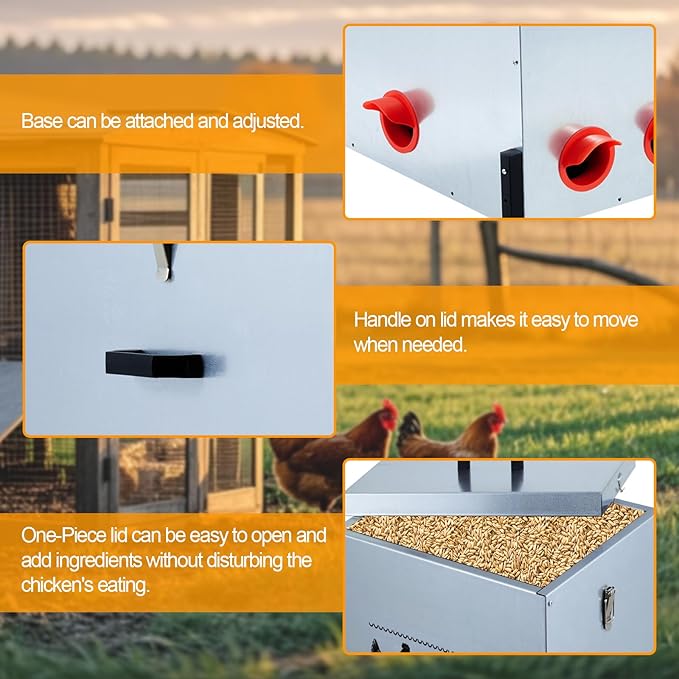 Automatic Chicken Feeder Box 100 lbs, 10 Feeding Ports, No Waste Poultry Feeder with Locking Lid and Adjustable Legs for Chickens, Ducks, Geese Galvanized Metal (100 Lbs-10 Ports)