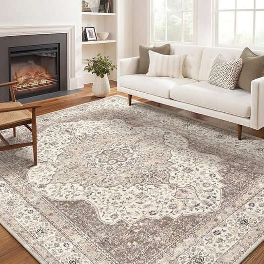 Washable Rug 8x10 Area Rugs for Living Room Bedroom Dining Room Home Office Floor Decor -Stain & Fade Resistant Non Slip Backing Carpet,Ultra-Thin Vintage Large Carpets (Brown/Beige,8'x10')