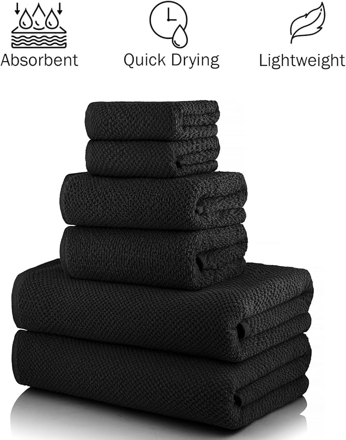 CASA COPENHAGEN Popcorn Textured 6 Piece Towel Set- Black, 550 GSM 2 Bath Towel 2 Hand Towel 2 Washcloth, Rough & Tough Use Cotton Towels Gift Set for Bathroom