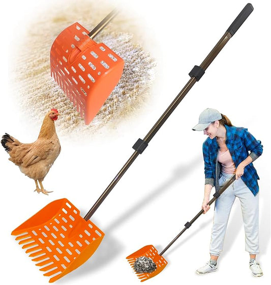 Chicken Poop Scooper & Rake 2-in-1 Telescopic Chicken Litter Scoop for Chicken Coops & Small Farm Animals Sand Sifting Litter Shovel (Orange)