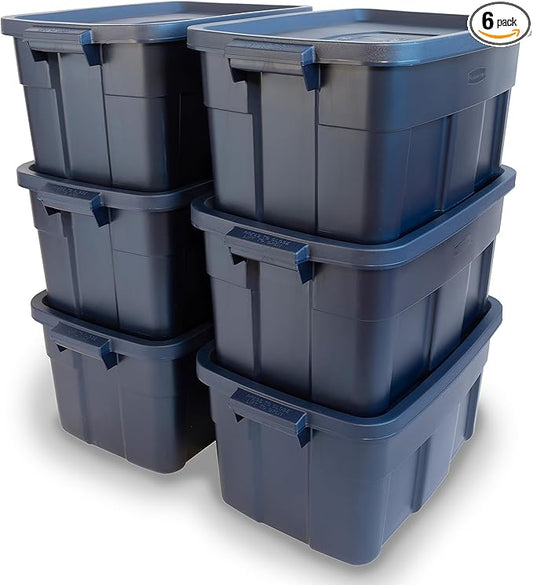 Rubbermaid Roughneck Tote 14 Gal, 6 Pack, Made in USA, Dark Indigo Metallic, Rugged Plastic Stackable Storage Bins with Lids and Handles