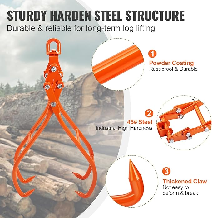 VEVOR Timber Claw Hook, 36 inch 4 Claw Log Grapple for Logging Tongs, Swivel Steel Log Lifting Tongs, Eagle Claws Design with 3307 lbs/1500 kg Loading Capacity for Tractors, ATVs, Trucks, Forklifts