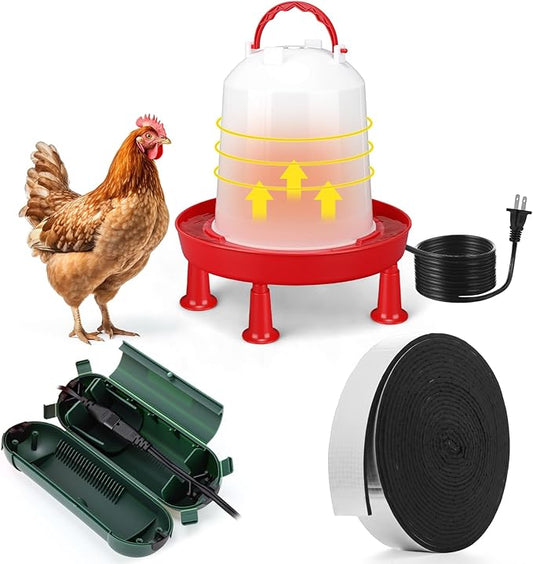 3 Pcs 3l Heated Chicken Waterer for Winter 0.8 Gallon Heated Poultry Waterer with Leg Support Chicken Water Heater for Winter with Outdoor Extension Cord Cover and Pipe Insulation Tape Wrap