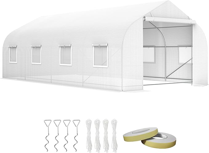 Outsunny 20' x 10' x 7' Outdoor Walk-in Greenhouse, Tunnel Green House with Roll-up Windows, Zippered Door, PE Cover, Heavy Duty Steel Frame, White