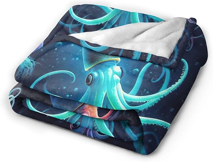 Squid Blanket Decor Gifts for Squid Lovers Flannel Fleece Fuzzy Throw Blanket Soft Warm Cozy Plush Ocean Animal Blanket for Bed Couch Living Room Stuffed Decoration for Kids Adult 80"x60"