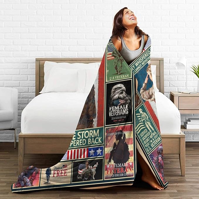 Patriotic Soldier Throw Blanket Female Soldier Flannel Blankets Women American Army Plush Super Soft Cozy Warm Decor Gifts for Boys Girls Kids Adults Men Women 40" x 50"