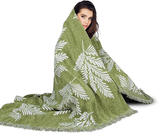 MACEVIA Boho Throw Blanket for Bed, Green Leaf Printed Blanket, Leaf Woven Boho Blankets and Throws with Tassel for Couch Sofa, All Season Cottagecore Decor Boho Blanket (Green Leaf 50"×70")