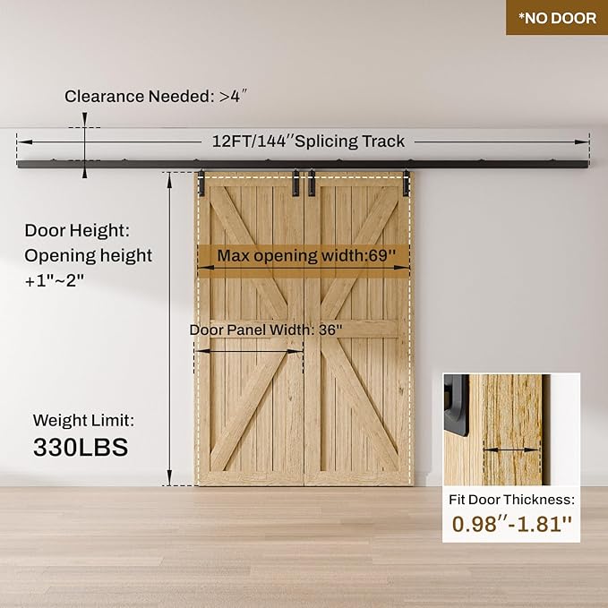 12FT/144'' Box Rail Exterior Sliding Barn Door Hardware Kit for Double Door Aluminium Alloy Wall Mount, Heavy Duty, NO Door Panel